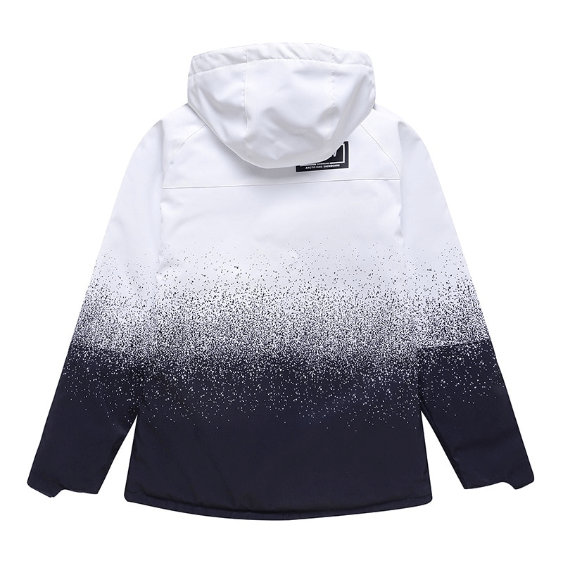 Warm waterproof snowboarding jacket with double zipper, unisex, hooded, black and white gradient design. Perfect for skiing, model SF0943.